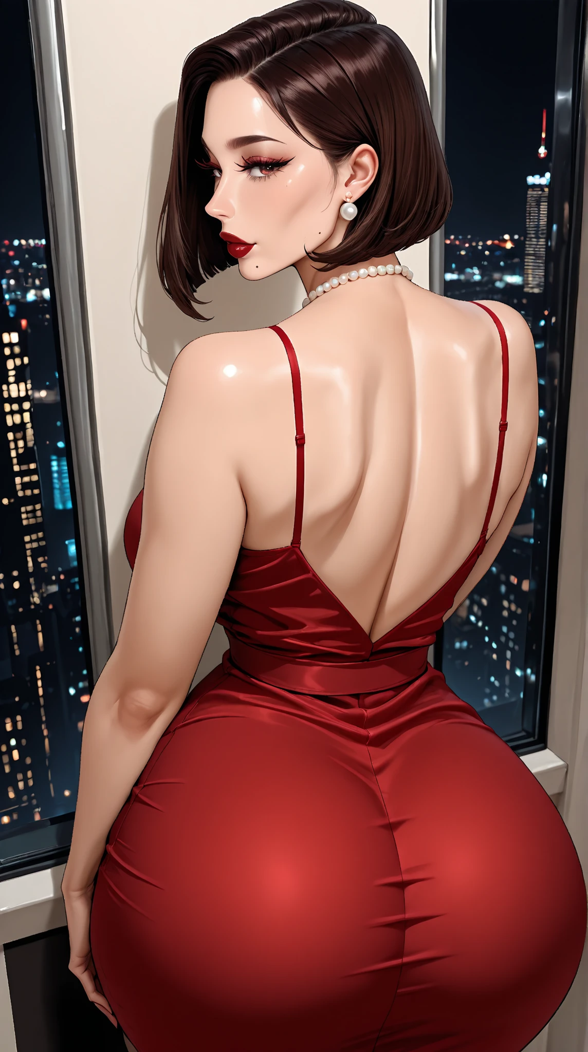 score_9, score_8_up, score_7_up, score_6_up, score_5_up, score_4_up,  1 woman, selfie from above, wide evening dress, 1 breast exposed, nude breast, medium teardrop breasts, balcony, skyline,