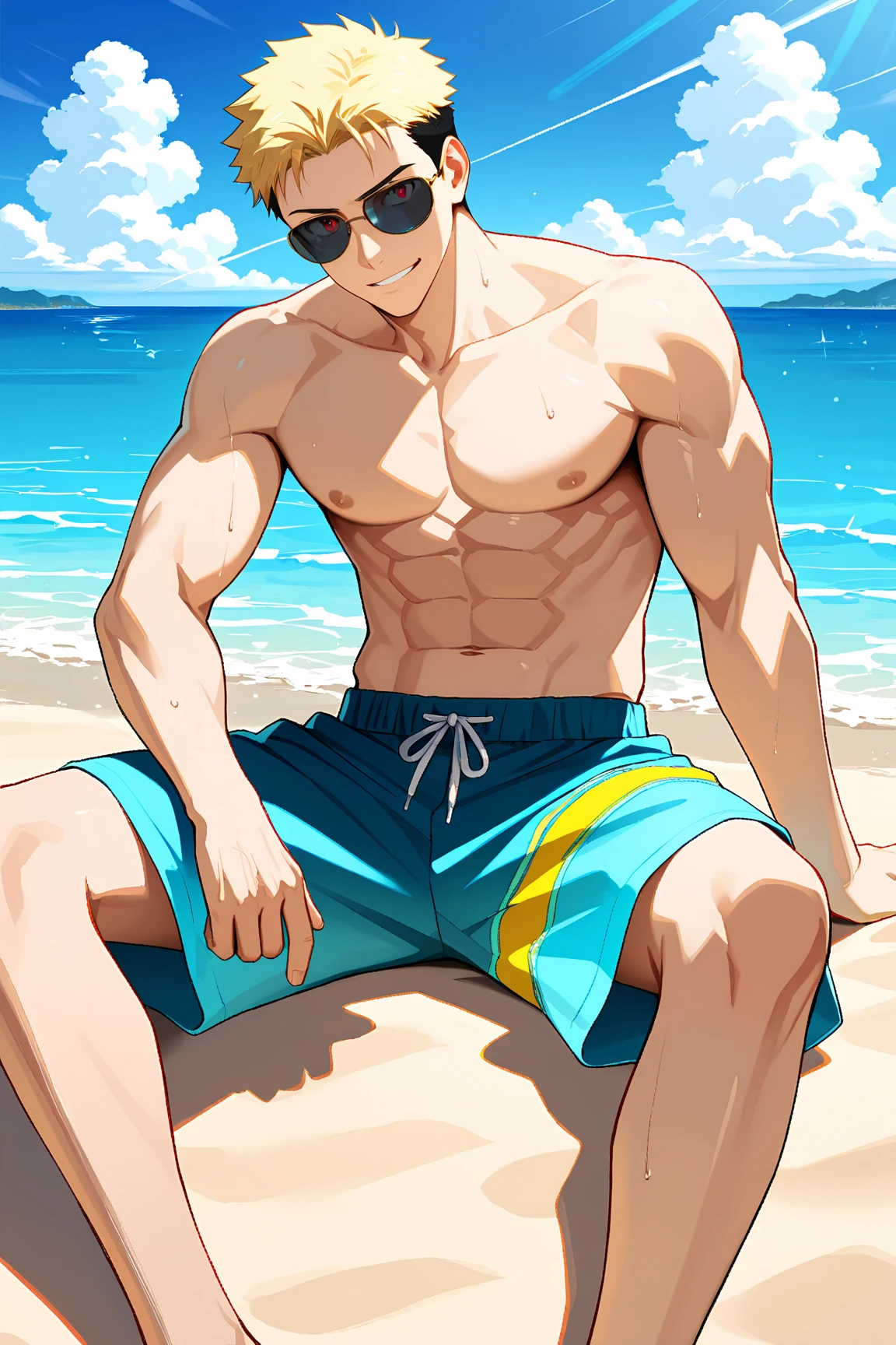 ((best quality)), ((masterpiece)), ((detailed)), (((perfect face))), (((well built man))), (((male))), (((blue sunglasses)), (((white shorts, large bulge))), (((thick legs))), (((abs))), (((perfect body))), (((muscular))), (((evil smirk))), (((looking at viewer))), (((beach, rocks))), (((hands on hips))), (((blonde hair))), (((facial hair:0.9))), (((chest hair:0.9))), (((bare chest))), ((bare arms)), ((bare shoulders))