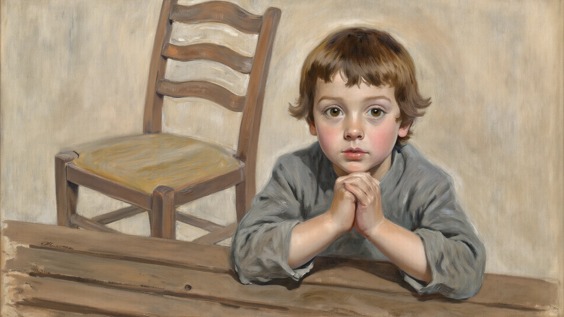 Impressionism, Renoir,
The image showcases a painting of a young child, possibly a girl, with blonde hair. She appears to be in a contemplative or serene mood, gazing slightly to the side. The painting style is reminiscent of the Impressionist era, characterized by loose brush strokes and a focus on capturing the essence of the subject rather than intricate details. The child is dressed in a white blouse with a blue collar and a dark-colored dress or skirt. The background is a muted brown, which contrasts with the lighter tones of the child's hair and clothing. The painting captures a sense of innocence and childhood., (((masterpiece))),(((best quality))),((ultra-detailed))