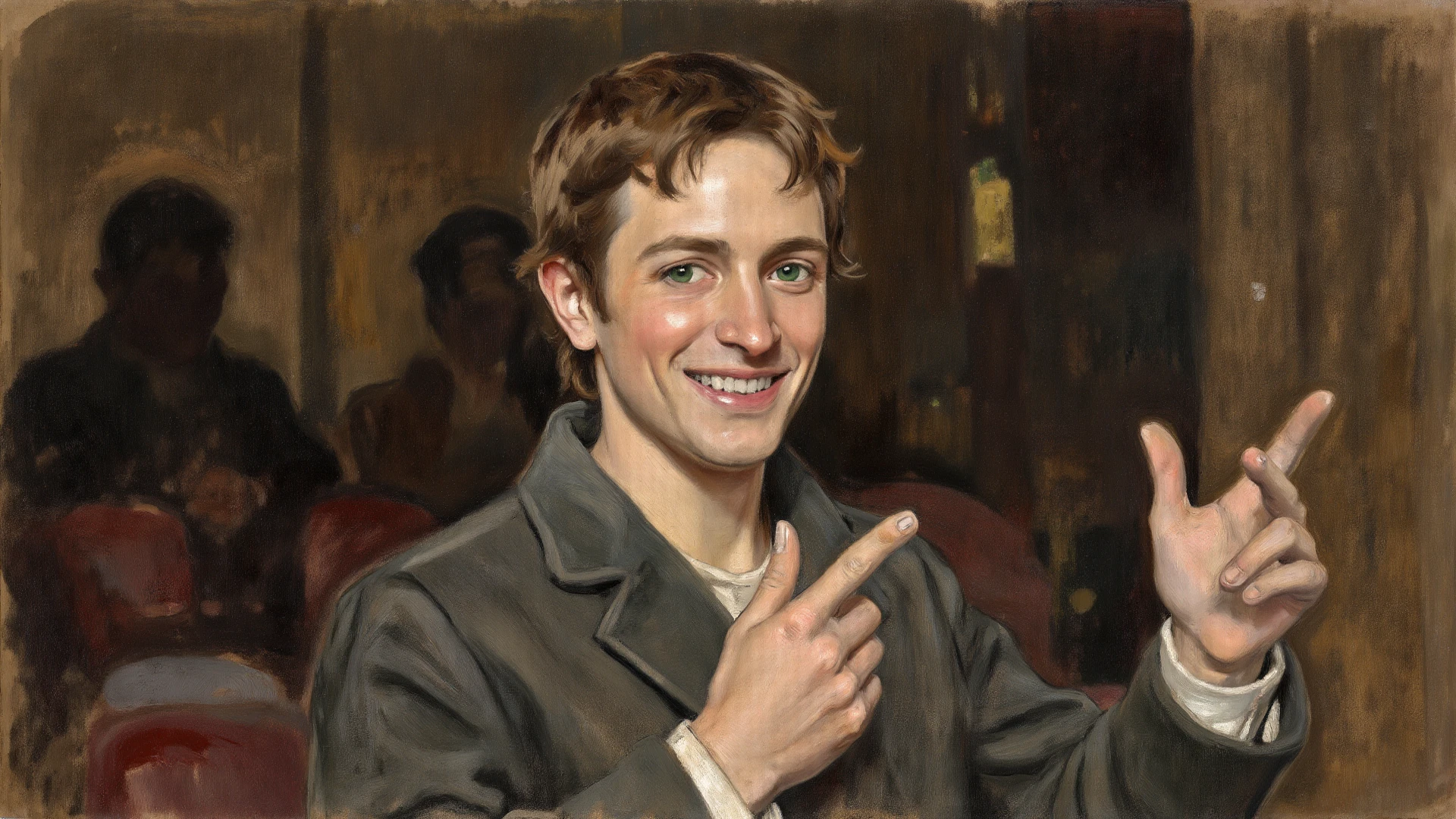 Skinny 17-year-old boy wearing a white short-sleeved dress shirt, brown pants and white sneakers, brown hair is sitting in a chair facing him, he is holding his giant penis ,Big dick,his shirt is unbuttoned he looks at it with pleasure and anger