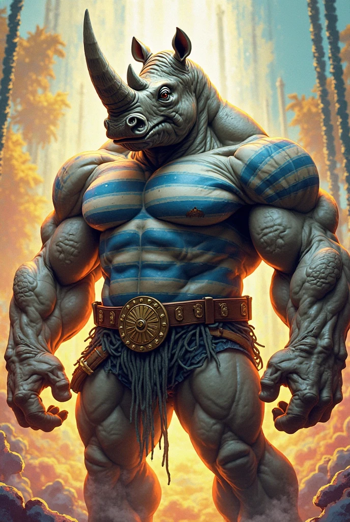 a fantastical creature that appears to be a fusion of a rhinoceros and a zebra. This hybrid animal has the body structure and imposing presence of a rhinoceros, complete with a large horn on its snout. However, its body is covered with the distinctive black and white stripes of a zebra. The creature has an especially muscular build, emphasized by the pronounced definition of its muscles. Its eyes are glowing red, giving it an intense and somewhat menacing appearance. The background shows a barren, open landscape under a cloudy sky, adding to the dramatic and wild atmosphere of the scene.
