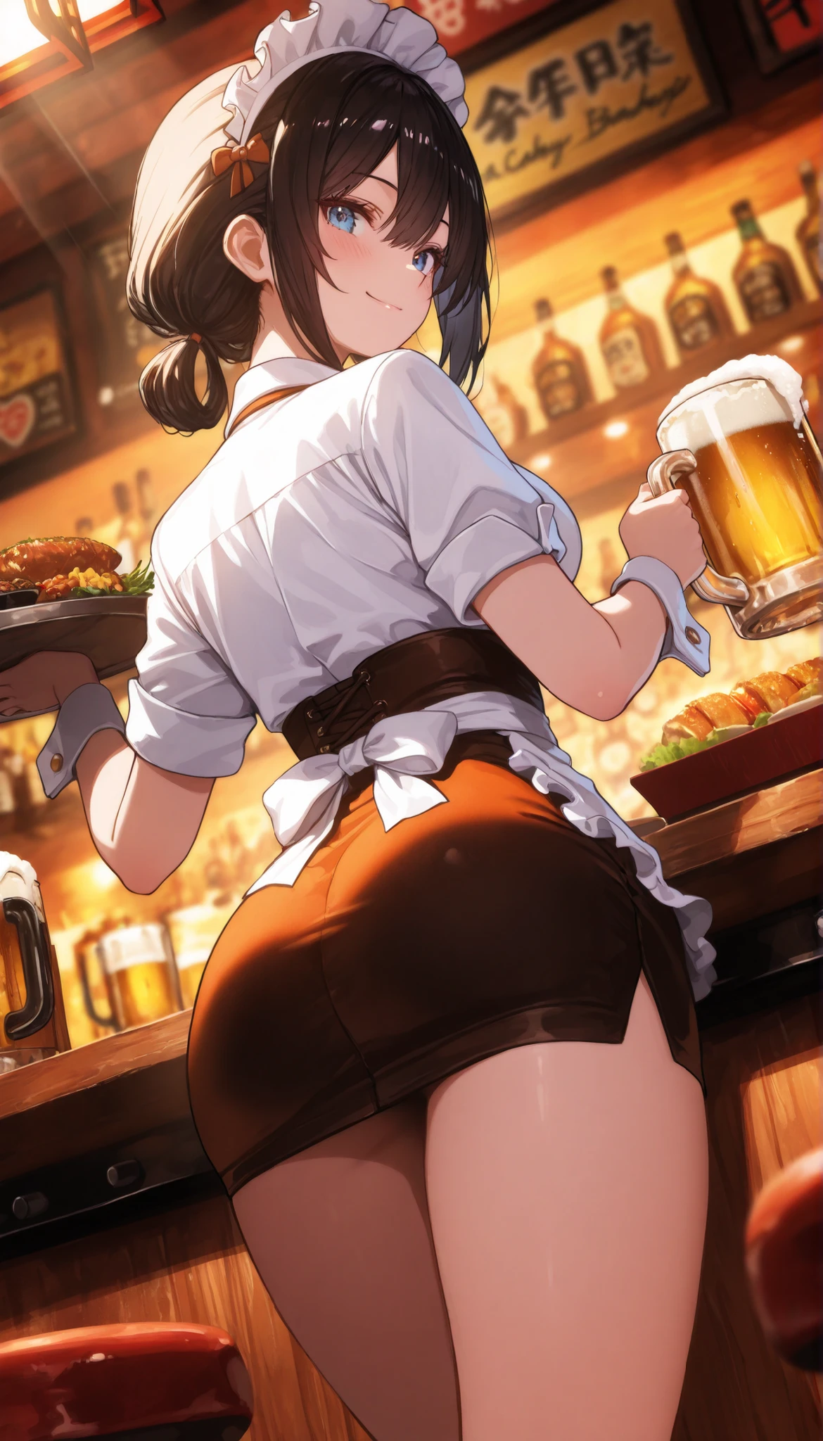 ((Masterpiece)), best quality, absurderes, ultra detailed, holographic, cowboy shot, dynamic pose, golden ratio, super cute girl, mature girl, extremely beautiful, super beautiful asian girl with super beautiful brown shiny eyes, super petite and sexy body, super beautiful legs, super beautiful brown multicolored short hair, high ponytail, shiny and super beautiful skin, nice and sexy body, slim and delicate body, perfect body, wearing a super tight black short sleeve crop top, bare shoulders, super tight translucid black leggings, hot panties, fox hairband, being photographed in a popular kawaii food court