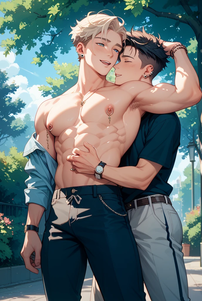 (Highest quality)), ((masterpiece)), (detailed), 、muscle、Thick、Chubby body type、Are fat、Fair skin、Naked gay couple、hugging each other intensely、Grass in the park、Actively touching the body、Glasses、Thick thighs、muscle質なお尻、Licking nipples、Touching her butt
