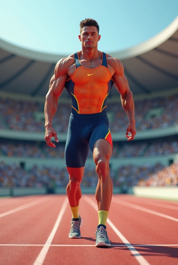 diver, muscular legs perfect feet, toned tanned slim body, very defined shoulders, round buttocks, Italian, Oval face, splattered nose, thin lips, straight nose, olive green eyes, menton corazon, very high, jump from the diving board into the pool at the Olympics