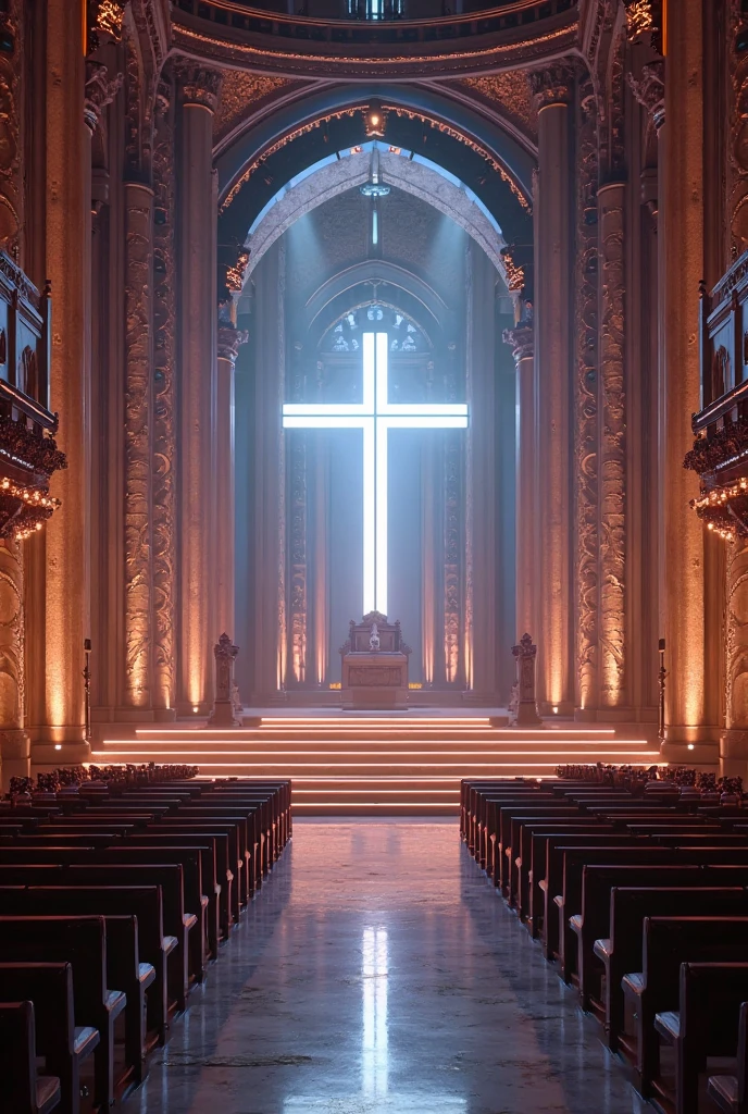 photo, NecroChurch style, a large white cross sitting in the middle of a church <lora:JohnsonDesu-Zenkai-256:1>
