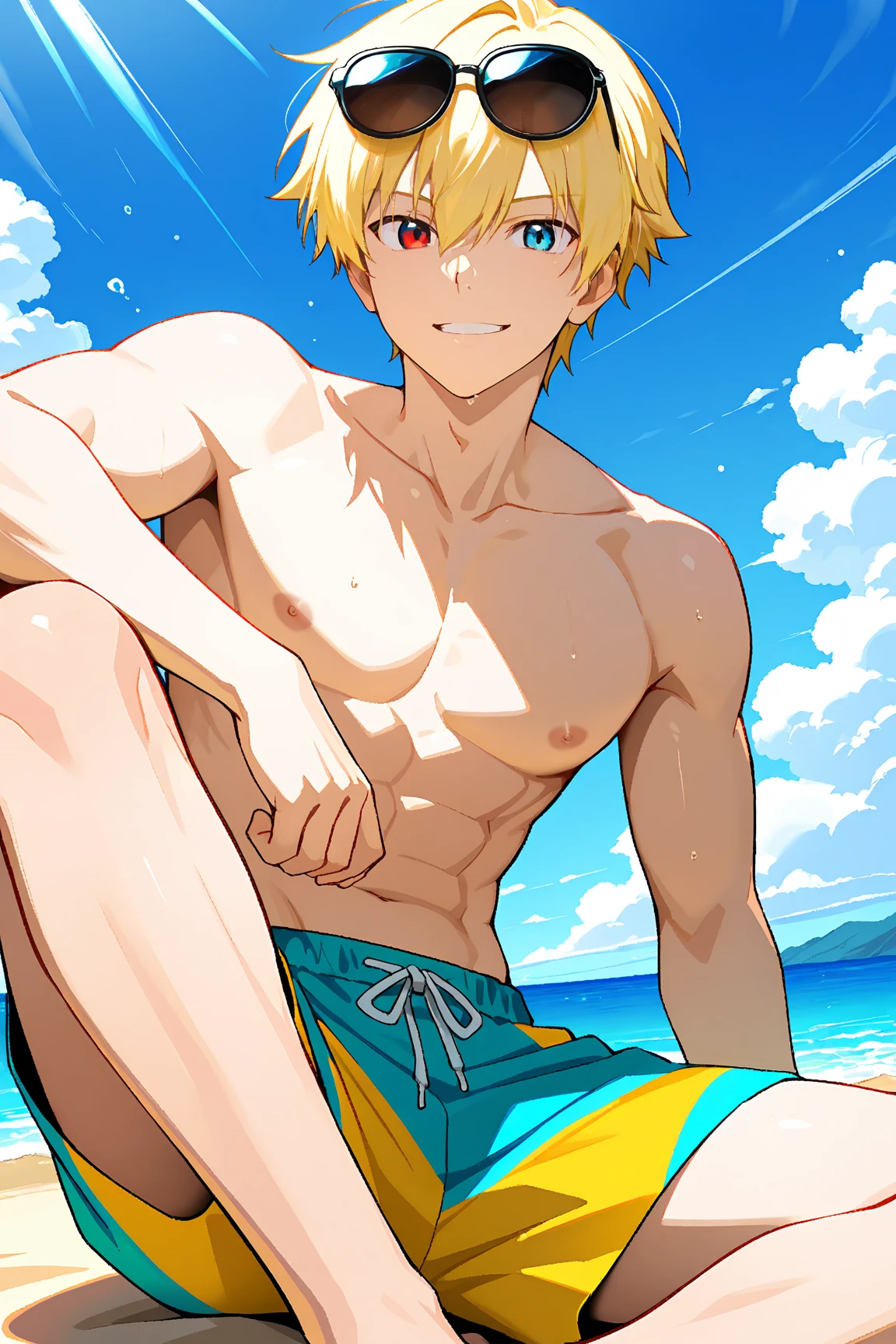 kagamine len(/vocaloid/), blonde hair, blue eyes, manly face, smile, shirtless, slim, fit, abs, closed mouth, outdoors, sky, day, briefs, cloud, sunny, pants, (ponytail:0)