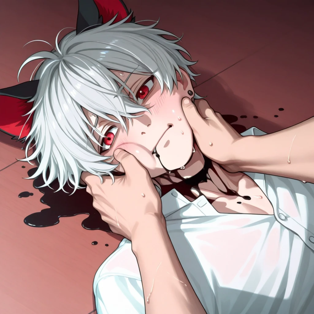 handsome man, red eyes, werewolf, white hair, licks blood 