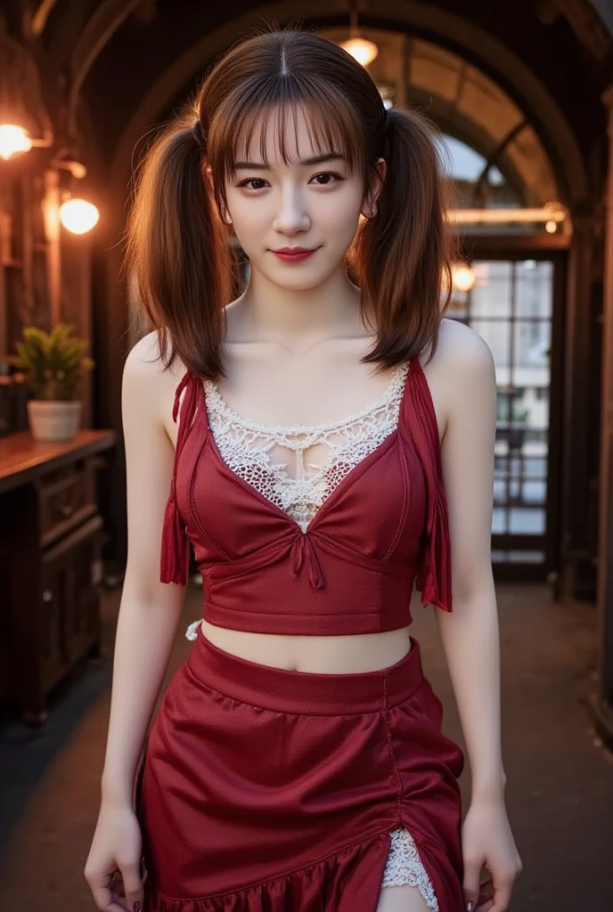(Highest quality, masterpiece:1.3, Ultra-high resolution), (Very detailed), (Realistic:1.4, RAW shooting), ((A plain blouse:1.2)), ((the body is slim)), girl, Japanese, cute, Straight Long Hair, Big Breasts, Turn your body forward, (View from the front:1.1), Looking into the camera, focused on the chest, Light brown hair, ((Black Choker)), Very long and bushy eyelashes, blue eyes, bangs、 ((Wicked Smile))、Wooden table, Walls made of wood, ((Full body portrait)),Bright red lipstick、Slim face、The body is slim、Very large breastushrooms on a plate))