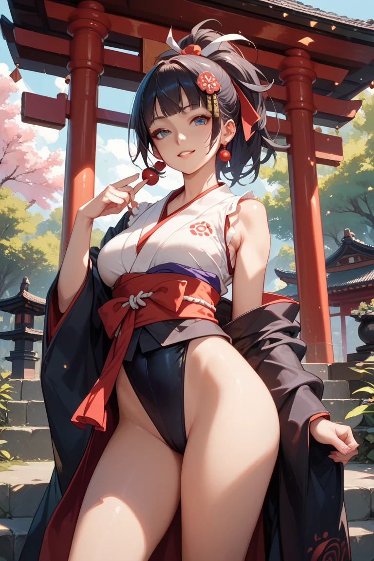 ((masterpiece,best quality)),1girl, nsfw, short skirt, no underwear, visible nipples, skirt lift, black ribbon, black hair, cherry blossoms, day, flower, hair bun, hair ribbon, japanese clothes, long hair, looking at viewer, outdoors, red eyes, red hair, ribbon, sandals, single hair bun, stairs, standing, statue, torii, tree, yellow eyes