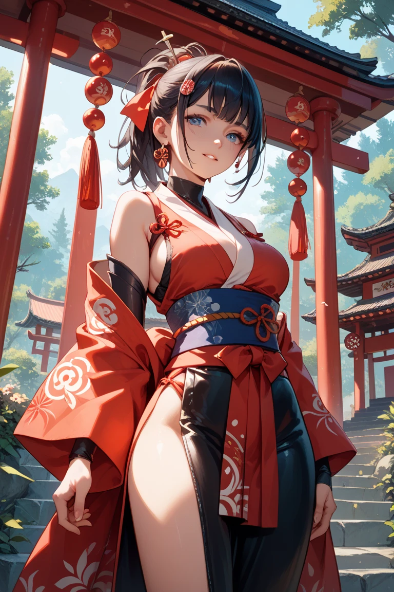Japanese women, Mastepiece, High quality, High freshness, Detailed hair, A detailed face, Clean skin, White skin, Sweaty, oily skin, glamorous woman, cute, Kunoichi, One Woman,hime cut, Black clean hair, temptation expression, Bewitching, Ninja costume, complicatedな衣装, embroidery costume, Gorgeous outfit, gorgeous cloth, Wet costume, Net tights, Loincloth, Majestic Mountain々, wide open grassland, Professional、(((Vibrant colors,Vibrant Themes))),(complicated),(High contrast),(Best Quality,4K,High resolution,Mastepiece:1.2),Super detailed