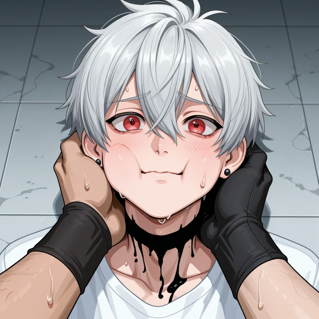 masterpiece, best quality, evangelion kaworu nagisa, kaworu nagisa, boys, nsfw, red eyes, seductive, hot, seductive face, bukkake, cum dumpster, sex slave, blowjob, face covered in cum, cum eating, drinking cum, holding a big bowl of cum, surrounded by black men dicks, black men dicks, very big dicks