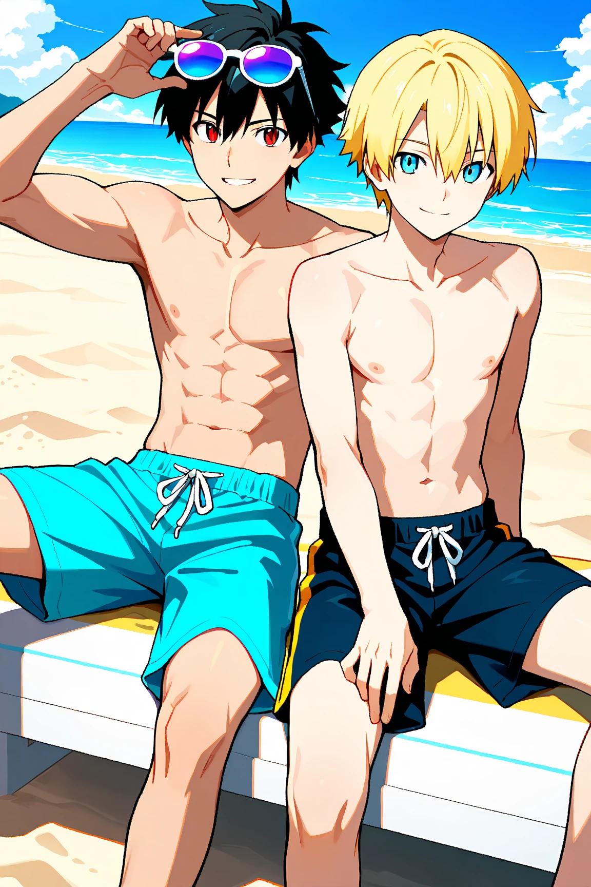 Blond hair, teenager, anime style, sitting on bench, shy, light blue speedo swimwear, male, bulge, blue eyes, shirtless, fit abs, sunny day, 1 boy