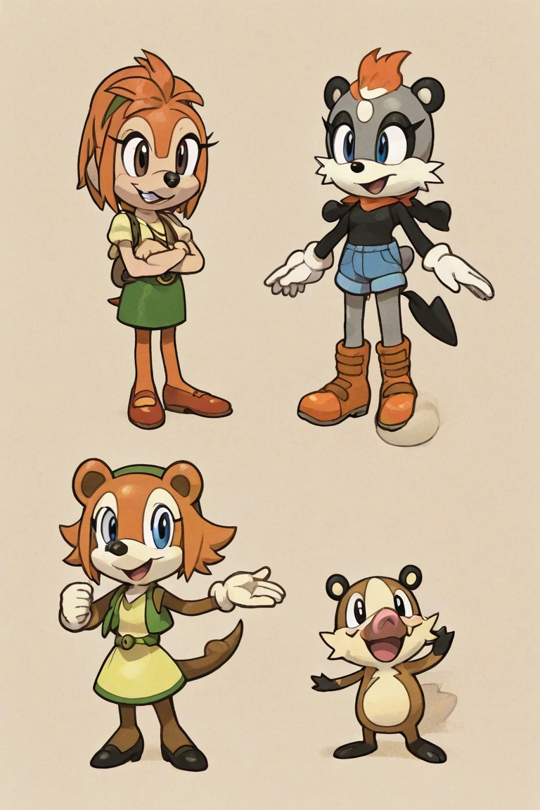 2 girls,
(Marine the racoon, girl, racoon, dark orange skin, brown eye shadow, brown chevron mark on forhead, twintales one left and right back of head, brown chevron on end of twintails, white tubetop, short green tunic, black belt, gold buckle, green and orange hiking boots with black tounge,small cleavage,short)
(Tekno the canary, short, green skined, canary girl, small cleavage, large thighs, white lab coat,red and green horizontal striped sweater, dark green miniskirt , one side of face always coverd by feathery green hair, no ears),((realistically account for right arm before generating)),((realistically account for right hand before generating)),((realistically account for right leg before generating)),((realistically account for right foot before generating)),((realistically account for left arm before generating)),((realistically account for left hand before generating)),((realistically account for left leg before generating)),((realistically account for left foot before generating))(on model), Random realistic poses, correct number of fingers, (realistic fur, detailed fur texture:1.2),photorealistic, extreme detail, masterpiece, realistic, real world, (detailed), ((best quality)), (Extreme detail)