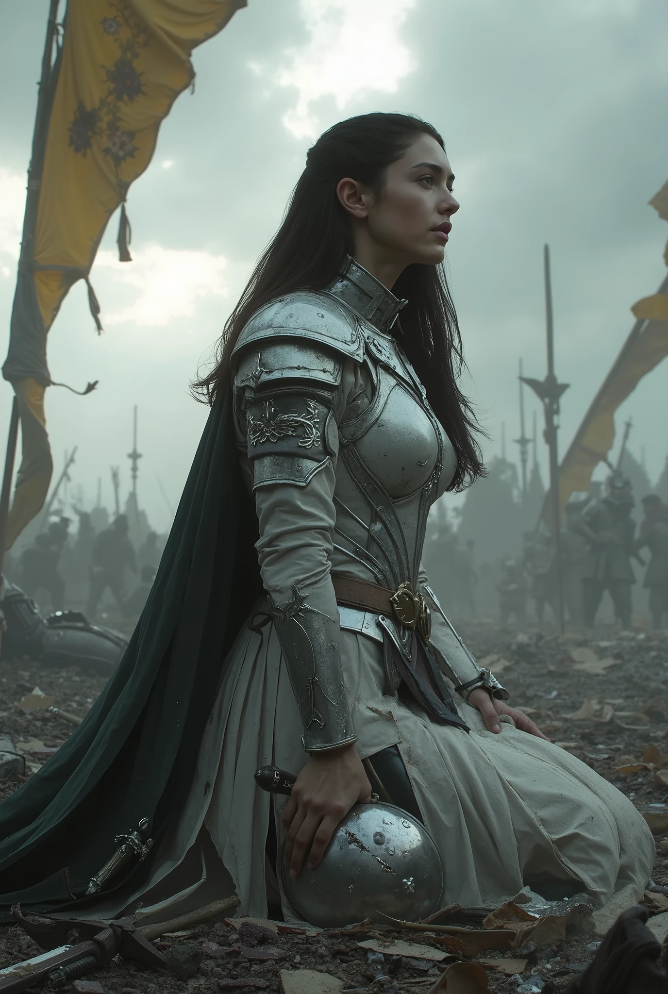 A tall and muscular female knight, 180cm in height, kneeling with one knee on the ground amidst the ruins of a battlefield, wearing pearl-white armor with silver detailing, dirtied and scratched — she holds her helmet at her side and looks upward toward the heavens with a mix of sorrow, strength, and divine resolve — her long dark hair falls loosely over her shoulders, her cape torn and trailing behind her, the surrounding area littered with fallen weapons and shattered banners — soft rays of light pierce the dark clouds above, illuminating her face as if touched by fate — cinematic lighting, ultra-realistic fantasy style, painterly textures, infused with emotion, honor, and mythic solemnity