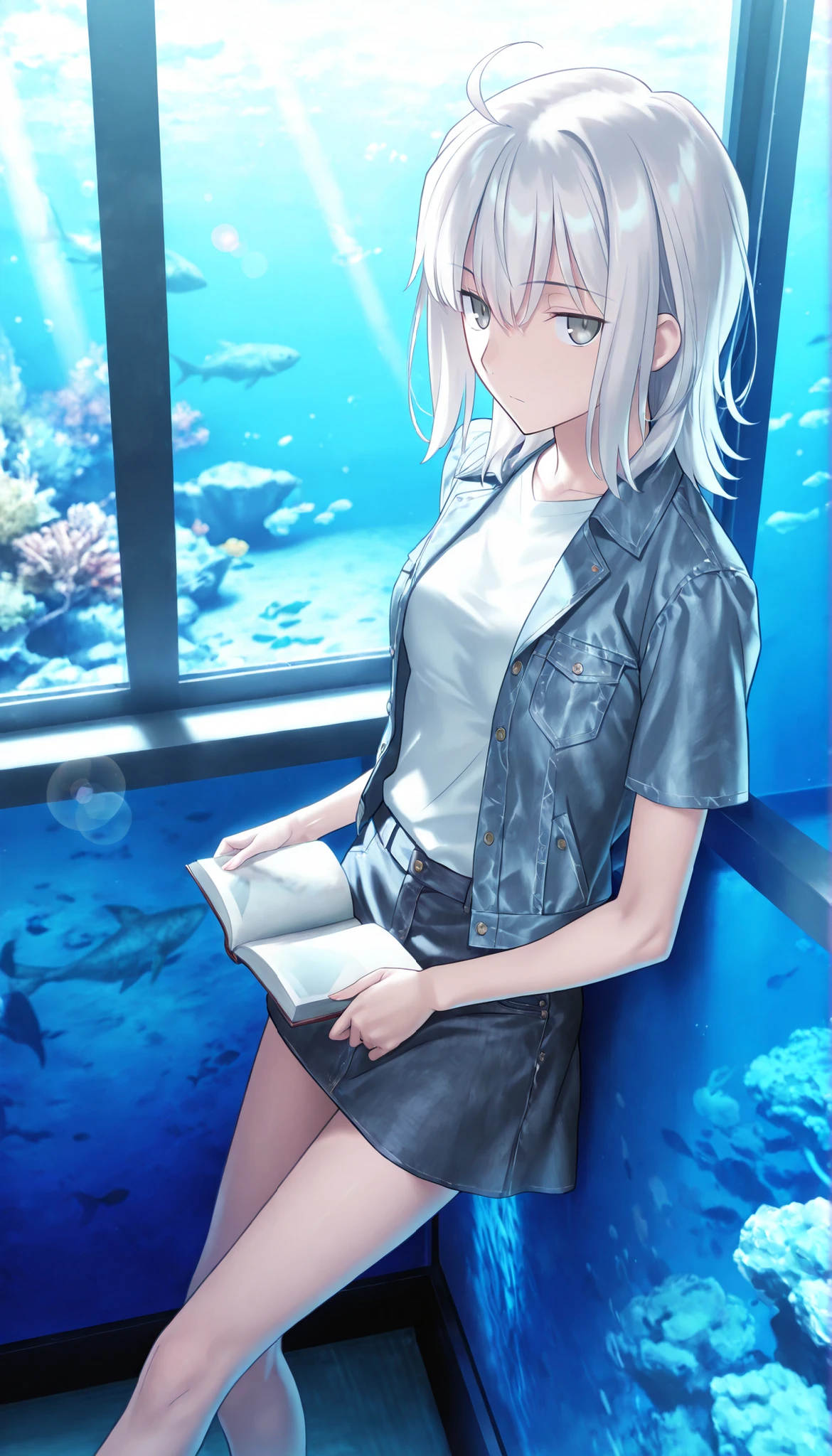 masterpiece, , absurdres, highres, detailed background, high resolution, masterpiece, necessary, detail, best quality, quality, necessary, details, High details, Precise, 8k, indoors,(aquarium),day lens flare, blurry background, from above,
1girl, , koyama hirokazu (type-moon) style, ,Takeuchi Takashi style, (aged up),( ), ,((very long legs)), leaning on wall,
very tall girl, (slender body, slim arms, slim body), solo, sidelocks, reading book, , ,
((wolf cut hair)), white hair, medium hair, gray eyes, half-closed eyes, jitome ,bangs, hair between eyes, ahoge, ,(denim jaket, undershirt, long skirt), ,(small breasts),(looking at viewer), , ,