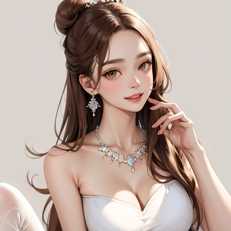(Canon_RF85mm_f/1.2,_best_quality,_Reality:1.4,_light),(1_girl,_Asian_mixed,_Asian_Idol:1.2,_beautiful_long_Slim_leg),(long_Brown_Wavy_hair),_pink_Shiny_Lips,_pink_Eyeshadow,_eyelash,_powder_blush,_cosmetic),_(White_Shiny_skin,_black_eyes,_Pores,_skin_texture,_Shiny),_(necklace,_earrings),_Large_Breasts,_Smile,_Dynamic_poses