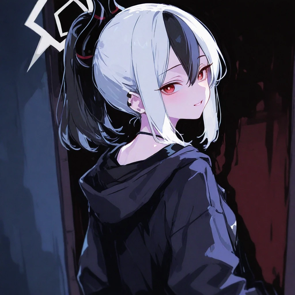 Detailed Background, masterpiece, Highest quality, Full Art,smile,One Girl , girl(Medium straight hair, Twisted corners, White skin,Gray Hair, twin bun,mini skirt, Red eyes, 不気味なsmile, hoodie,blush,Smirking face,Ahegao,Sticking out tongue,White Breath),blush,Character portrait, Neon street alley, graffiti, dark, night, Glowing Eyes, Black light,Vibrator,