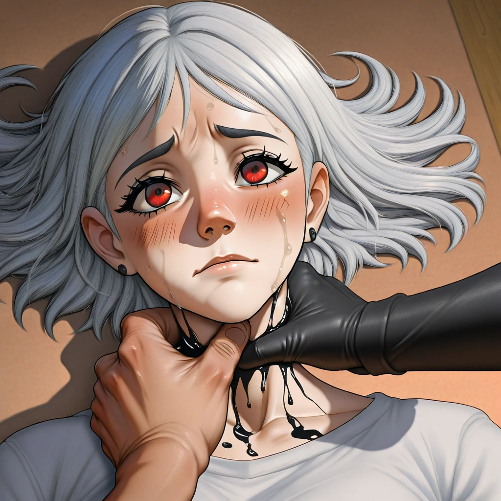 ((distant view)) A girl with fair skin and blue-gray eyes. light red hair. figure "an apple". Height 1.68. costs. Wrinkles his hands. Concerned facial expression. There was a collar with a leash around her neck. There were bruises on the body, scars and scratches. She hung her head, looking at the floor.