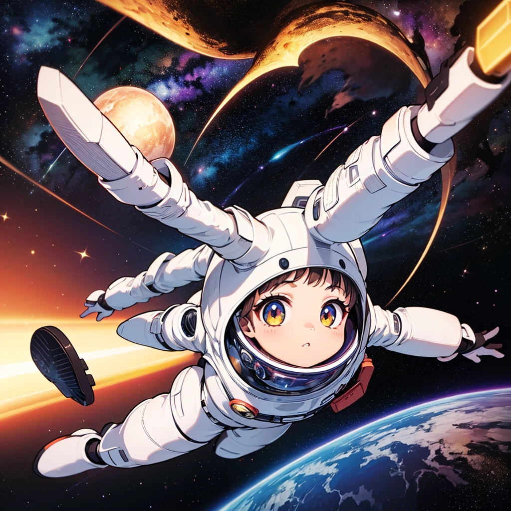 (superflat, flat shading, flat color), masterpiece, best quality, spaceship interiors, 2girls, 10yo loli, petite, spacesuit, space helmet, white panties, belly, flying in zero gravity, in spaceship room, sci-fi, vibrant colors, watercolor, ghibli style
