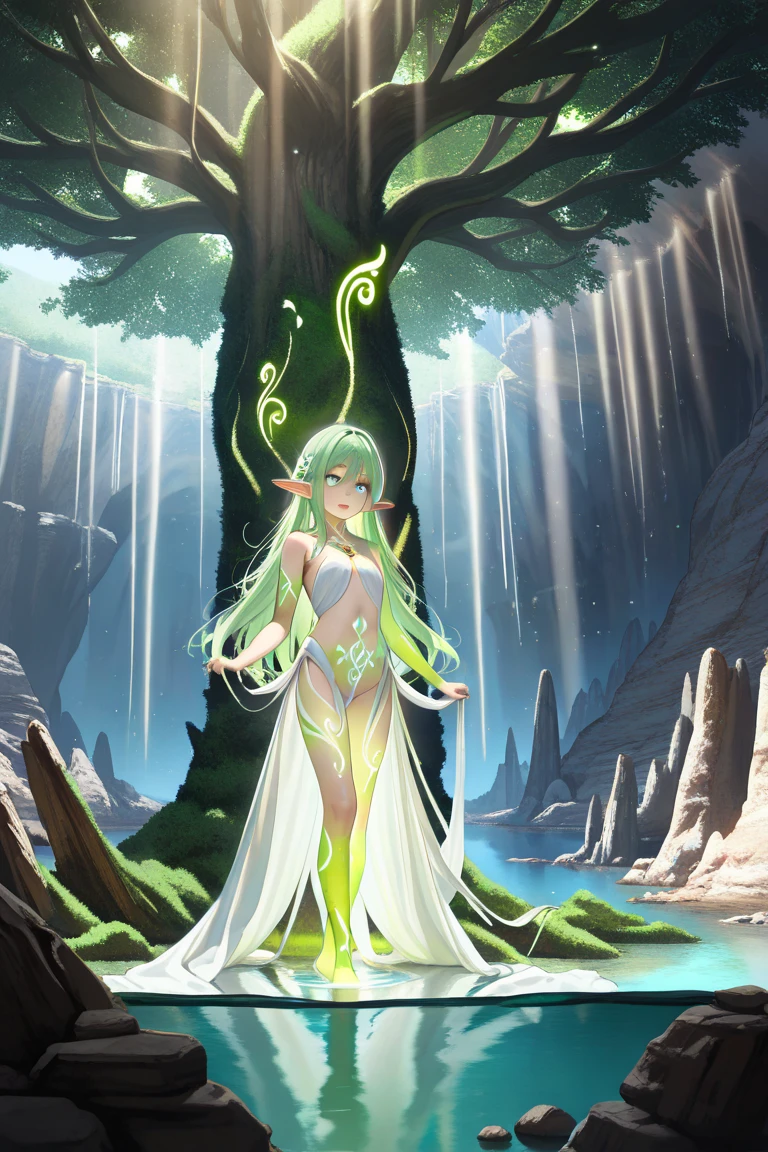 ((best quality)), ((masterpiece)), (familiar), fantasy、Dungeons、Underground Lake、Elven Village、mushroom、aurora、Fairy