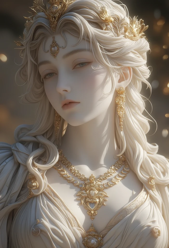 1girl, beautiful teenage girl, beautiful 13 year old girl, very small breasts, long wavy white hair, thin jaw, large white sash covering breasts, golden decorations, portrait, oil painting, realistic proportions, intricate, intricate details, sharp focus, beautiful female body, classical painting, outside, greek temple