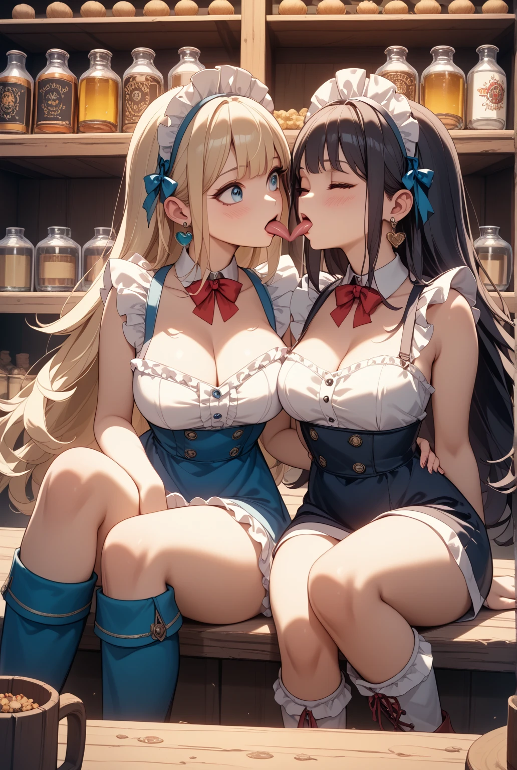 (masterpiece1.5),hyper quality, Hyper Detailed,Perfect drawing,NFSW、two individuals、girl with、((very Bigger breasts))、((Press each other's breasts against each other))、((Press Breast))、kawaii 、With smiling eyes、((half-opened mouth))、((Sexy looks))、Lustrous skin、(((Sensual look)))、((ecstacy))、Sweaty skin、
(woman samurai:1.2), (Light Blue Gingham Checker Suspender Skirt:1.4), (Long skirt:1.2), (White blouse:1.3), ((double-breasted. Underbust):1.2), (Solid blue bow tie:1.3), (Short sleeves, buttonGap),。.。.3D,16K illustrations、((clearface))、Hi-Res、nice background、(((beatiful backgrounds)))、(((Detailed drawing)))、Perfect Beautiful Girl、(((Perfect Photo)))