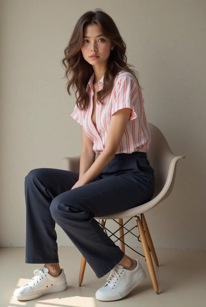 ((Mejor calidad)), ((obra maestra)), (detallado), cara perfecta, con camisa, usando corbata, sitting in a wooden chair, behind a high window with a view of the city, usando pantalon elegante y zapatos de taco