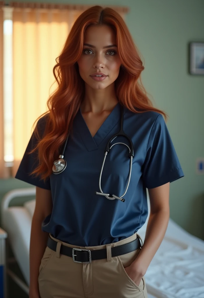 Sexy girl redhead, hazel eyes, wearing modern medical scrubs, huge breasts, cleavage, hospital nametag, full body