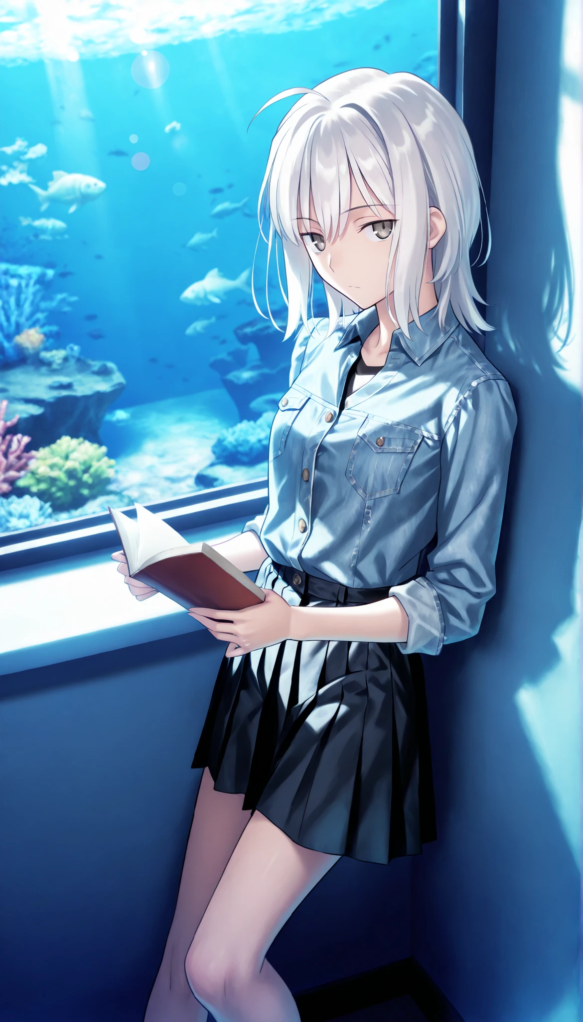 masterpiece, , absurdres, highres, detailed background, high resolution, masterpiece, necessary, detail, best quality, quality, necessary, details, High details, Precise, 8k, indoors,(aquarium),day lens flare, blurry background, from above,                                             
                                                                                                                                                                                                                         1girl, , koyama hirokazu (type-moon) style, ,Takeuchi Takashi style, (aged up),( ), ,((very long legs)), leaning on wall,    
   
very tall girl, (slender body, slim arms, slim body), solo, sidelocks, reading book, , ,
((wolf cut hair)), white hair, medium hair, gray eyes, half-closed eyes, jitome ,bangs, hair between eyes, ahoge, ,(denim jacket, undershirt, collared shirt, long pleated skirt), ,(small breasts),(looking at viewer),     , , 