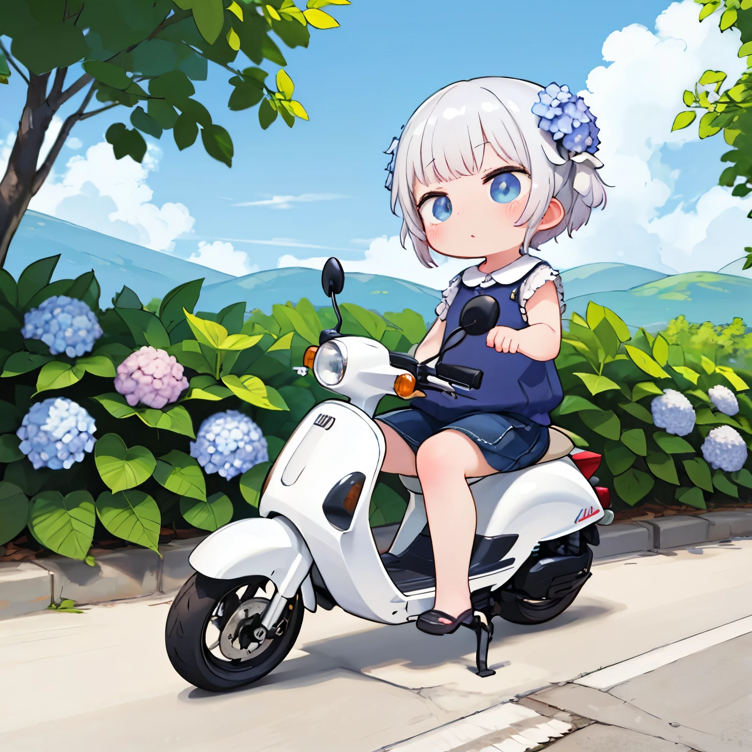masterpiece，Best Quality，Cute  riding a classic little scooter，Early summer hydrangea flowers，