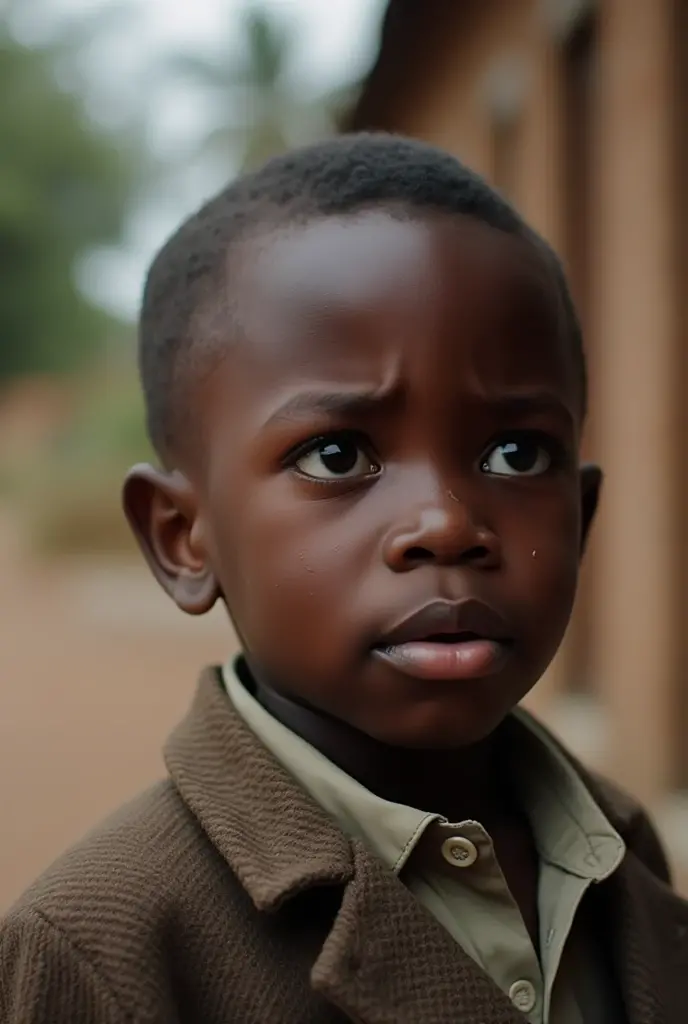 A Ghanaian boy in chelsea FC jersey crying with tears