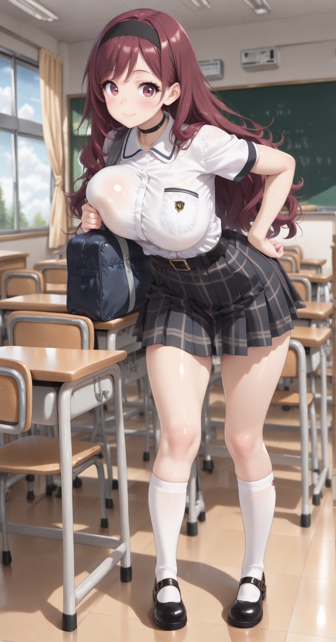 (masterpiece, best quality, ultra detailed, absurdness)1.5, 1girl Eris Boreas Greyrat (sexy, beautiful woman, perfect face, perfect eyes, perfect female body, huge breasts)1.5 (Japanese , skirt, brown schoolgirl shoes, long white socks, [knee socks thigh] loafers, long messy hair, big hair) (sitting on a desk, crossed legs, inside a classroom), perfect lighting, smooth