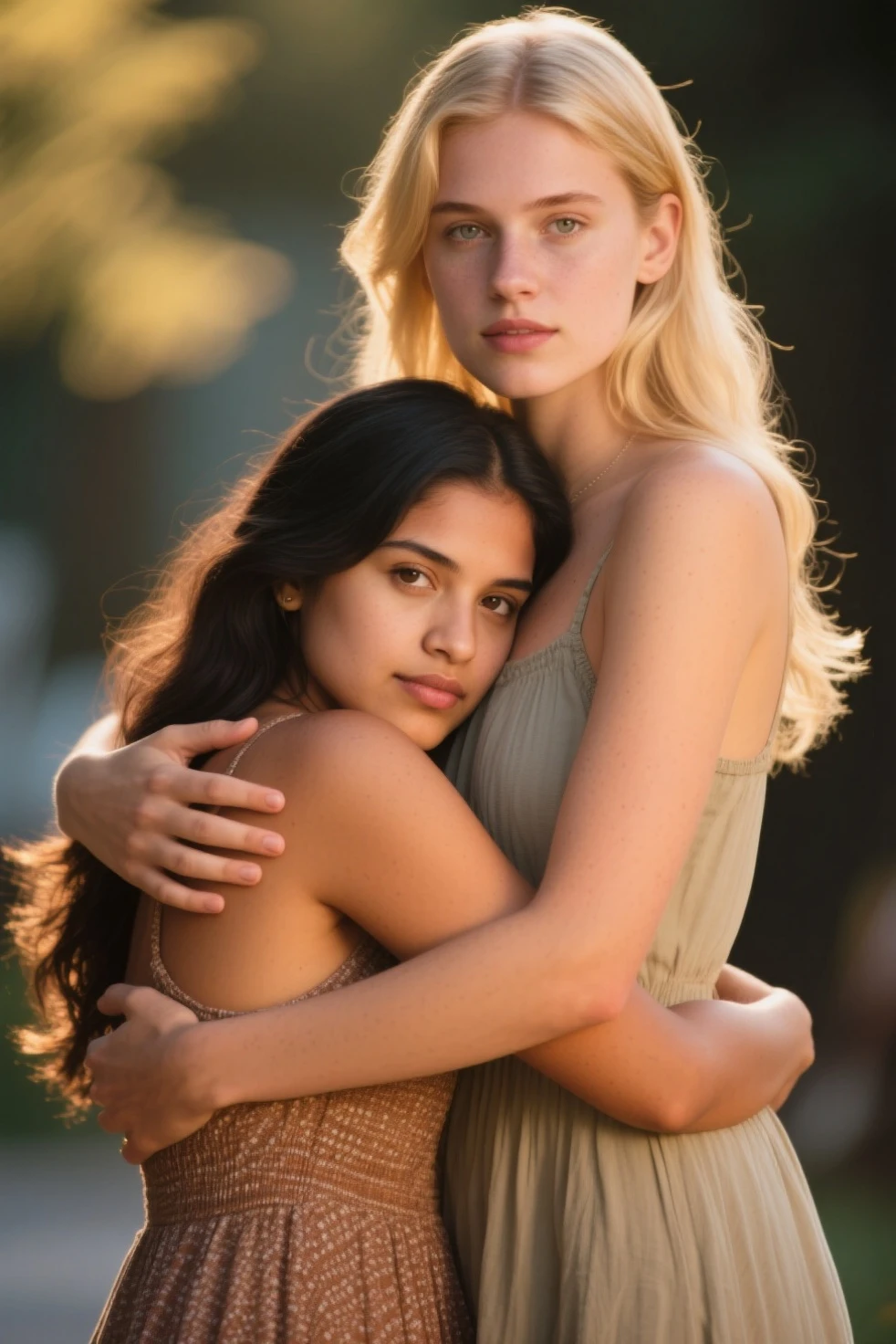 2 young females of 20 years happily hug looking at the sea, One of them is Russian with long white hair, the other is black-haired indigenous, com pouca roupa de indigena e  grampos, bracelete:1.3;, olhando uma para outra, roupas fotorrealista, Centrado, Portrait of head and body,  perfect composition, lindo, detalhado, intrincado, insanamente detalhado;, Octage rendering trend in ArtStation, 8 k artistic photography, arte conceitual fotorrealista, soft natural volumetric cinematic perfect light, Chiaroscuro, master part, oil on the canvas, Raphael, Caravaggio,  Moody Lighting, 8 k resolution, octan render, trending on ArtStation, haze, ultra-detalhado, cinematic movie photograph, vazamentos de luz, trending on ArtStation, Studio photo, detalhes intrincados, altamente detalhado, Nikon D3100 | ISO 450 Certification | focal length 70 mm (Sigma 50mm f1 | | | | | | |.5) | abertura f/4 | exposure time 1/250 (Dri), praia, cabana