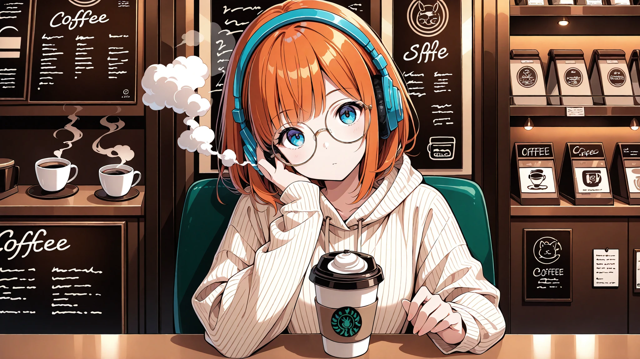 1girl, solo, staring at viewer, blur, coffee shop, bobbed hair, headphones, round glasses, head tilt, thoughts, sitting, coffee, smoke, smoke