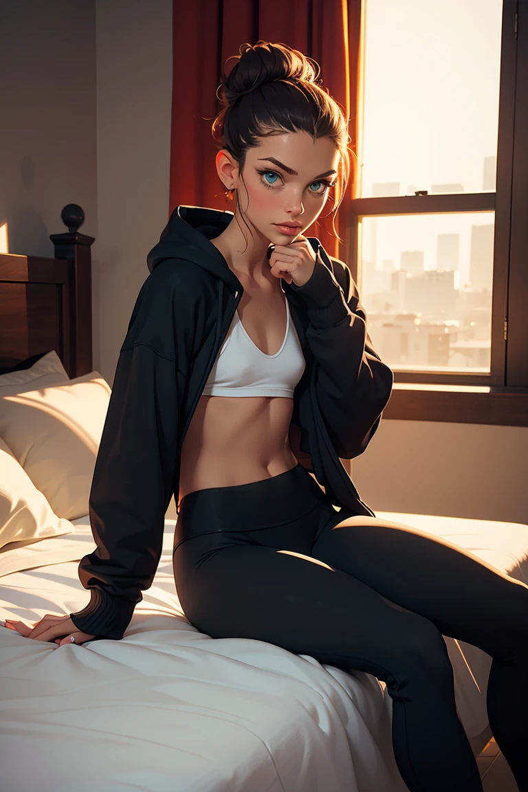 sexy balkan student, pale white skin, honey eyes, low messiy pony tail, glasses, teasing seductively on nike pro, sexy in her dorm at night