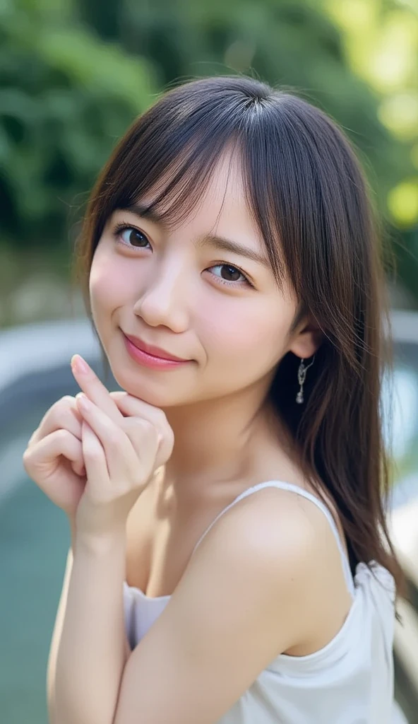 (Close up portrait of girl with slender small breasts with twin-tailed hair in white tank top:1.5)、(Smiling girl looking at morning glory flowers:1.5)、(Blue Sky Park:1.3)、(tre anatomically correct:1.3)、(complete hands:1.3)、(complete fingers:1.3)、Photorealsitic、Raw photography、masutepiece、top-quality、Hi-Res、delicate and pretty、face perfect、Beautiful detailed eyes、Fair skin、Real Human Skin、pores、((thin legs))、(Dark hair)