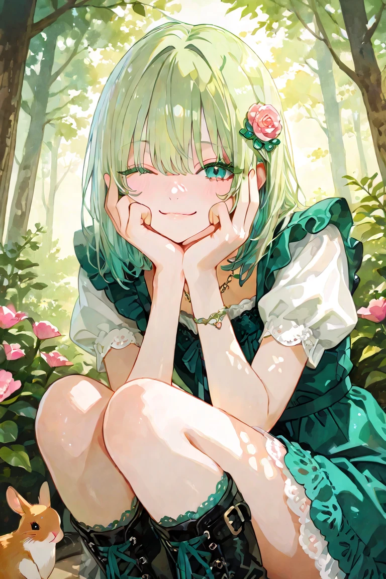  5 year old plant girl with green skin and short green leaf hair.
dress of leaves with leana feet of roots pink eyes hands of flower buds