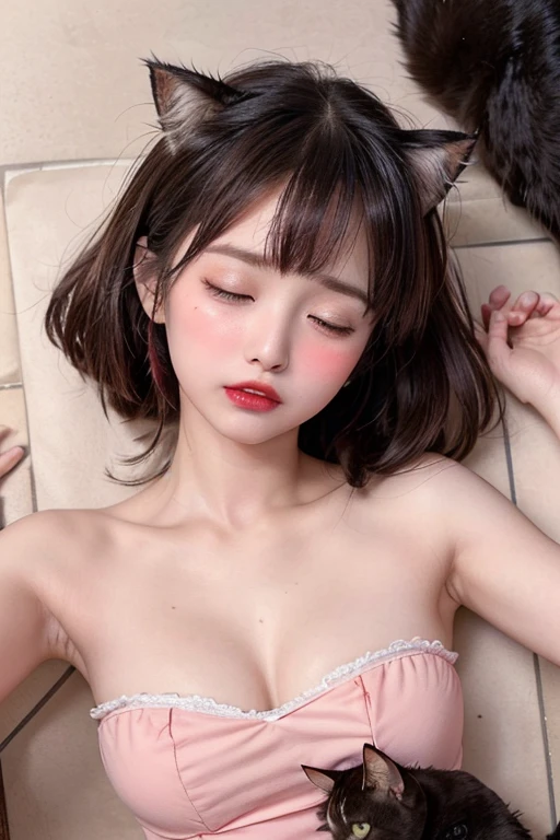 realistic、highest quality、1 girl、cat ears、brown hair、short hair、nurse cap,heart-shaped pupil、orgasm , gold pvc bikini、lace gloves,big breasts、crawl on all fours