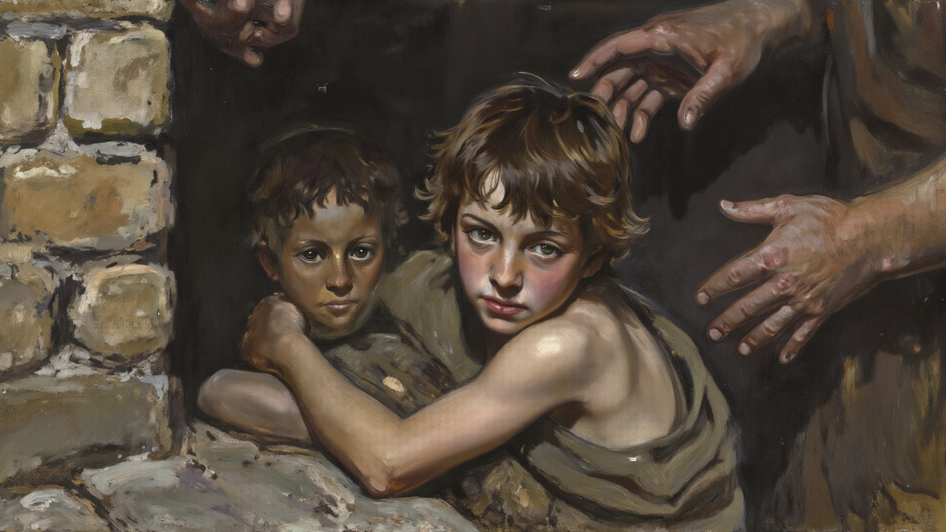 Poor boy crying with dirty and torn clothes, sad because he has no money by his side, he has a skinny and malnourished dog, realistic baroque style oil painting with lots of detail, Rembrandt style lights and shadows. 