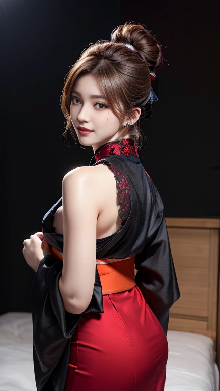8K Ultra HD, Digital SLR,Film Grain, Fujifilm XT3,(Highest quality:1.3), (masterpiece:1.1), High resolution, Cinematic Light, Intricate details, (Realistic) (Night view) Realistic backlight、Dramatic reddish light、Beautiful Japanese Geisha full body photo, ((Facial texture Pore details)), Grin、Devilish smile, Simple messy hairstyle, She wears a black satin kimono decorated with traditional dragon motifs.., Open shoulders, Colorful dragon tattoos all over the body, Has a long blade, Long-bladed Japan sword in hand,Inside a traditional villa, 8k, Front blur