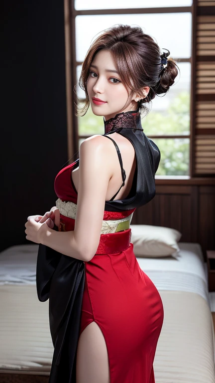(8K、Raw photography、top-quality)、(realisitic、Photorealsitic:1.37)、1 mature woman in her 40s、japanes、43 yeas old、femele、during night、Rear view showing the back、Fluffy kimono(Shining satin red)、His expression is anguished with his eyes closed..、Raise one hand、Raise both legs、Sweaty naked、Naked body、Big J-cup breasts and nipples protruding from the bra、Standing nipples、Sexy body,dark brown hair、long、详细的脸、Detailed lips、hair adornments、gargantilha、耳环、More skin、二重まぶた, very large breast, garments(Gold kimono with transparent satin lace, Open bra that shows the nipples on the chest, and a black garter belt.), Kindness,( spread your legs and show me your pussy, thighs thighs thighs thighs:1.2)、 Full body leather black fishnet stockings, Movie Lighting,sea side、BREAK (Natural Skin Texture、Detailed skin、Hyper-Realism、ultra sharpness)、超A high resolution、top-quality、shot from a low-angle