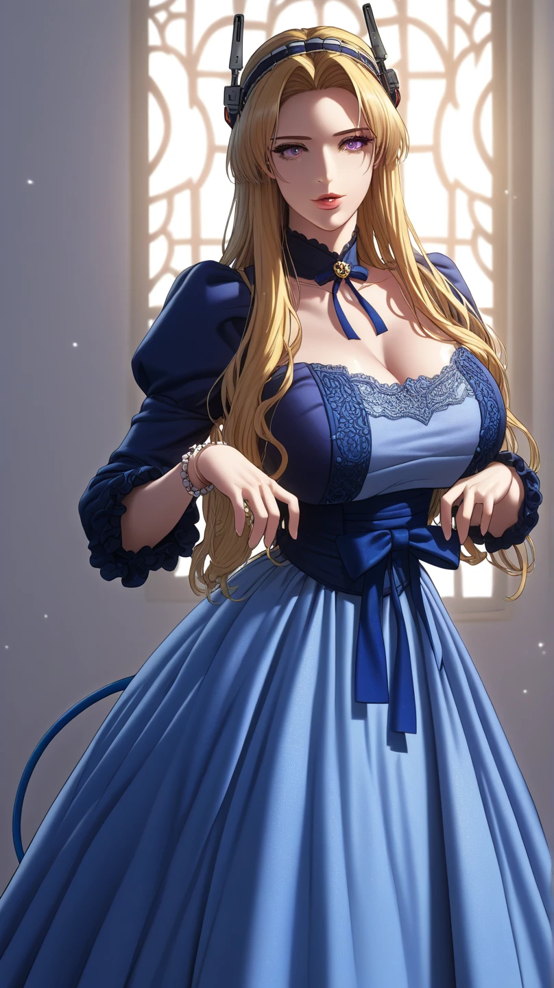 Best quality, masterpiece, ultra high res, raw photo, beautiful and aesthetic,deep shadow, dark theme,(ultra detailed:1.3),
1girl, sitting pose, Headdress, (beautiful face, detailed eye:1.2), embarrassed, (busty breasts, gigantic breasts:1.1), drill hair, long hair, blonde hair, gradient hair, yellow eyes, solo, big hair, blue hair, divine goddess, looking at viewer, indoors, royal palace, medieval bedroom, astraea, full body, (meishaonv:1.3), gun