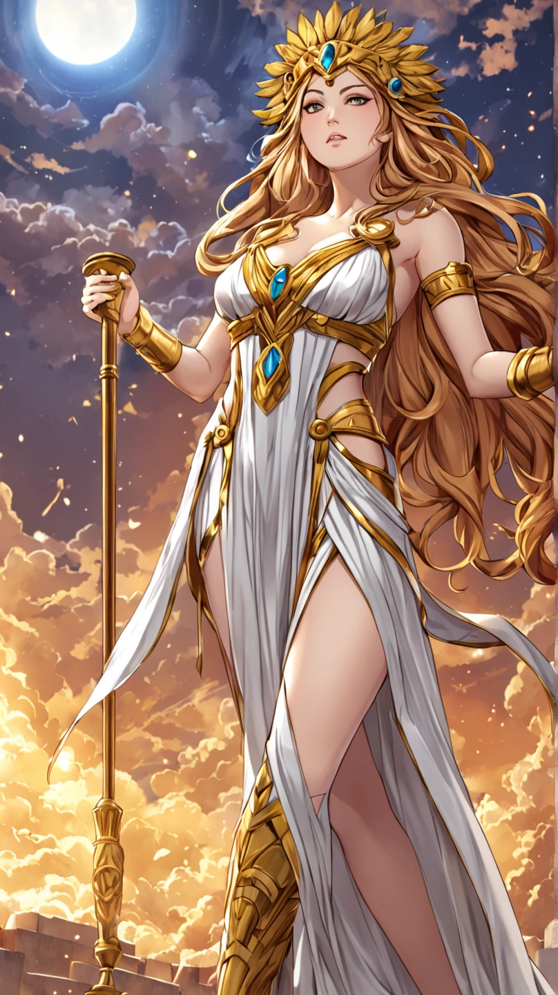 Masterpiece, Ultra extremely detailed, Insanely Definition - quality, 8k, (vibrant colors,vibrant theme), (intricate), full body , NSFW, Hair , mature woman, enormous breasts, giant ass, very curvy, dark brown skin, very long ash blonde hair, silver eyes, full lips, seductive, white goddess robes, flower crown, gold jewellery, goddess, curvy physique, thick thighs
