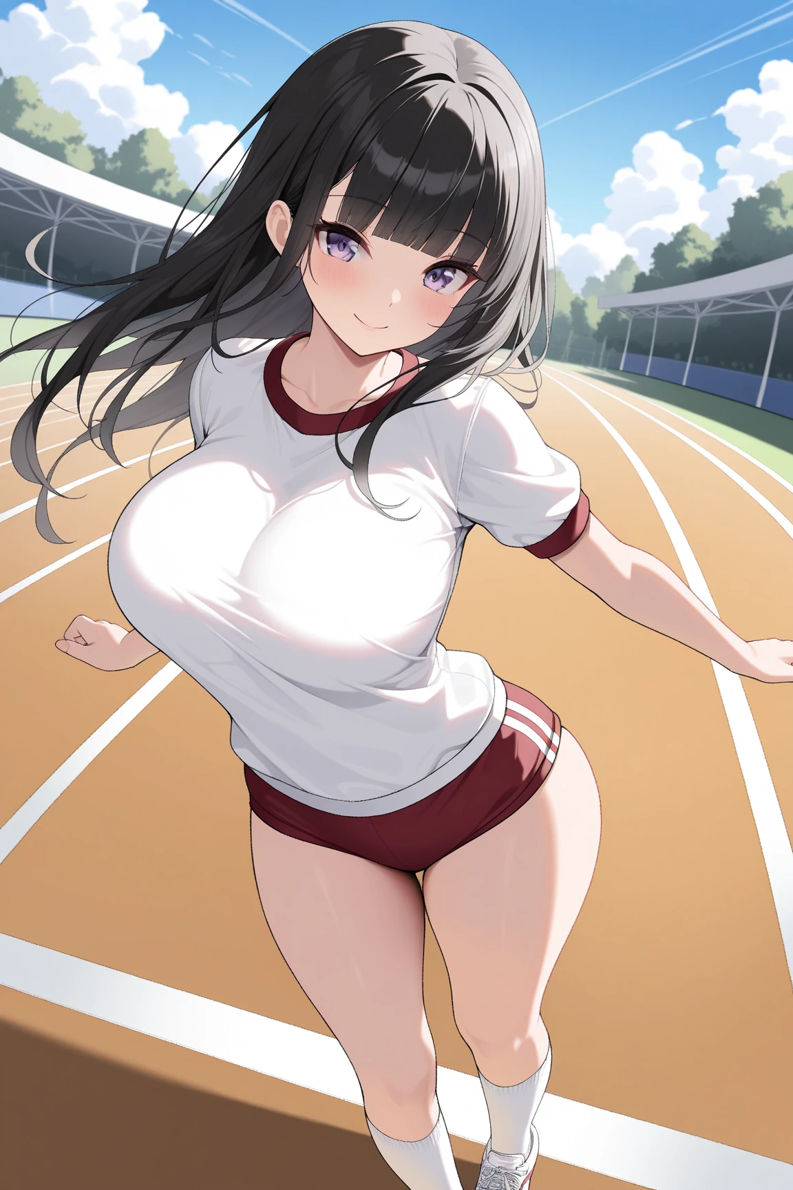 (1 Silence Suzuka running at field,) uma-musume, (solo:1.3), (bouncing unaligned large breasts:1.2), white gym uniform, (tight short black brm:1.5), skinny, (bared skinny long legs), masterpiece