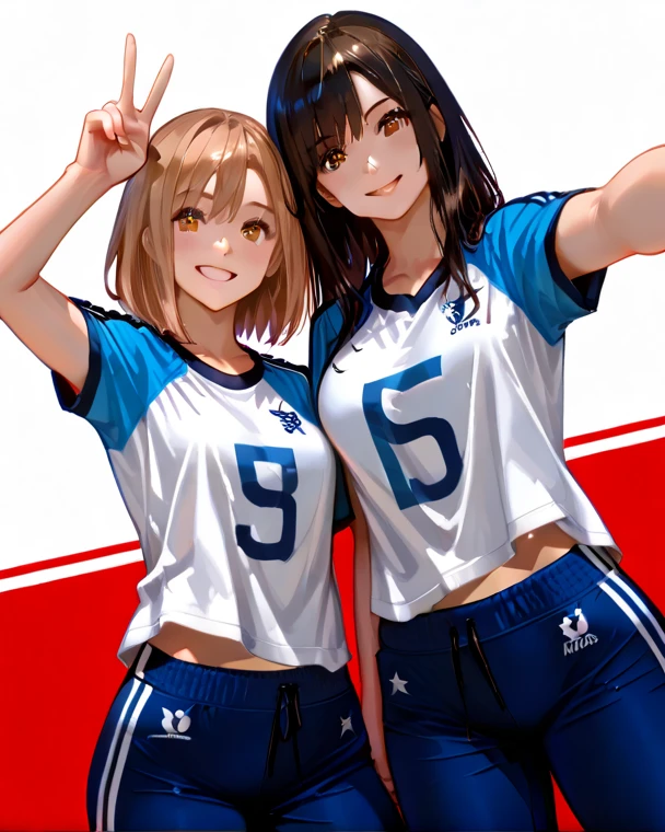 (anime,2D)Women,soccer player,clear skin,thin face ,blue eyes,pupil with stars,black hair,long,fringe,standard height,big breasts,small waist,long legs,France national team uniform,on a court.