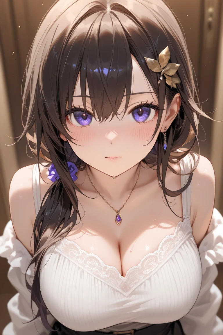 Beautuful Women、(top-quality、in 8K、32K、masterpiece、nffsw:1.3)、(Photorealsitic:1.4)、Detailed skin、is crying、tears、Elegance、top grade、Sunglare、lensflare、Wisteria shelf、Wisteria flower background、Detailed shading by sunlight、depth of fields、blurry backround、( White off-the-shoulder dress)、ear ornament、lady's、a necklace、(A sexy:1.2)、breastsout、