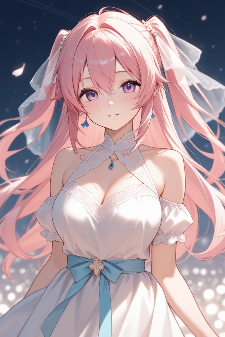 Make a baddas female anime character, hair pink, eyes blue, use wedding clothes 