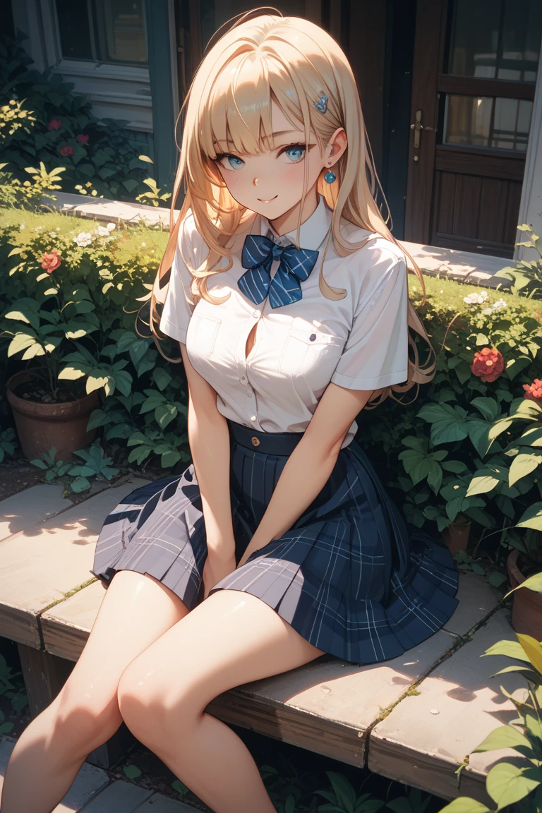 masterpiece, highest quality, High resolution, 1 17-year-old girl、blue eyes、
Blonde, Braid、uniform, White shirt, Checked skirt, White panties、garden、Lying on the grass