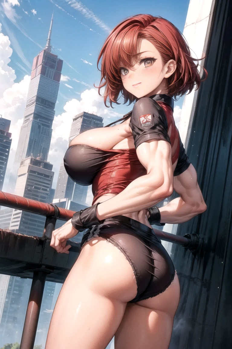 (masterpiece, high quality, vibrant colors: 1.0, anime style, retro art style, clean brush strokes, very detailed, perfect anatomy, viewer discretion advised), one girl, alone, (dirtypairkei, fully nude), dark skinned woman, (beautiful eye detail), red eyes, (redhead, short hair, unevenly parted bangs, headband, hair blowing in the wind), dark skin, smiling, cowboy shot, (big breasts: 1.7, firm breasts, beautiful breasts), uniform, (crop top), slim waist: 0.2, wide hips: 1.4, (uniform, with gun holder), silver boots, (fighting stance, legs spread), looking at viewer, (urban background, rooftop of building), (front view, shot from below),