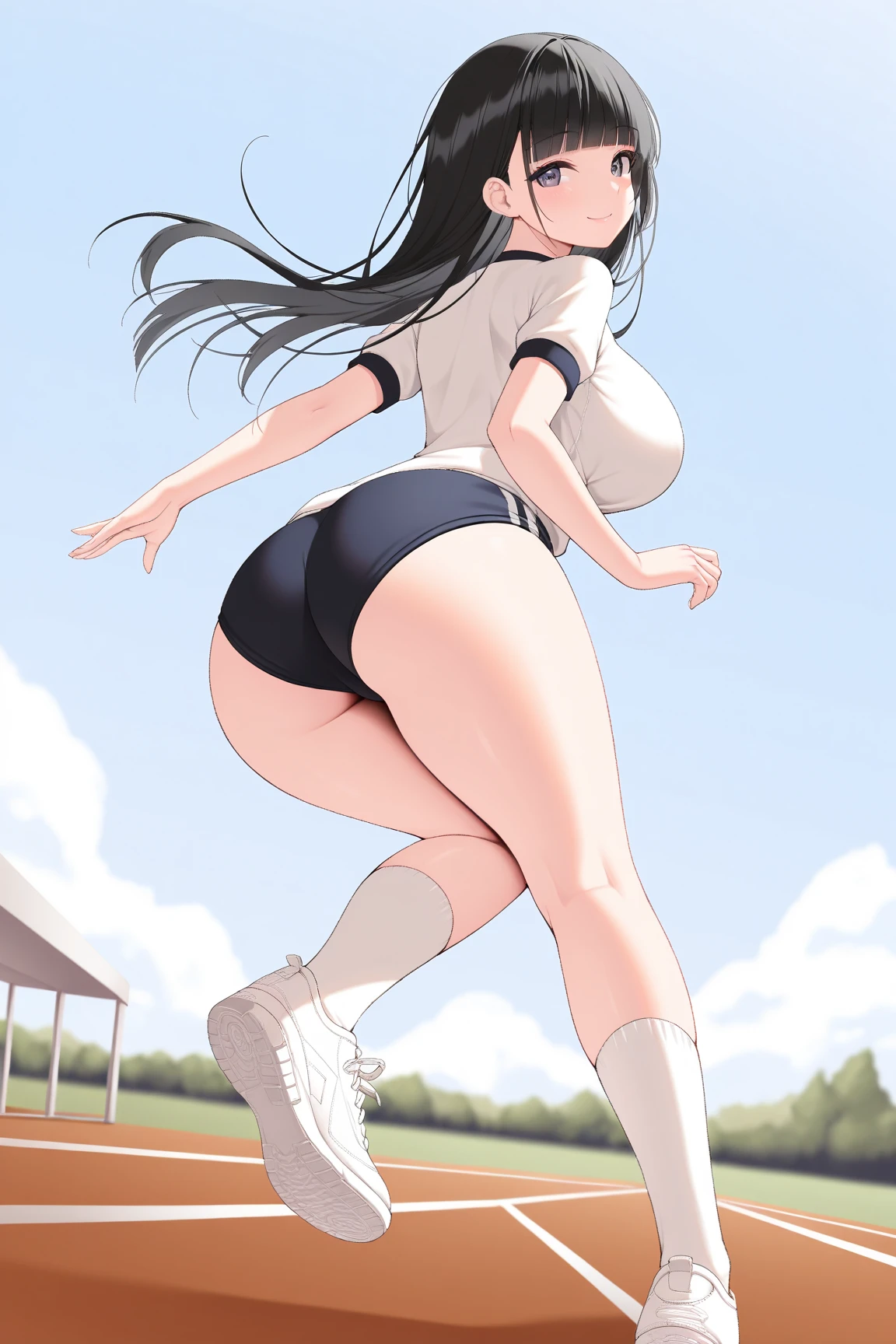 (solo short girl standing on school field), (very short tight brm), gym uniform, (bending back:1.4), (show off cameltoe for viewer:1.4), (bouncing unaligned disproportionately huge breasts:1.2), school buildings in background, nsfw, orgasm, screaming